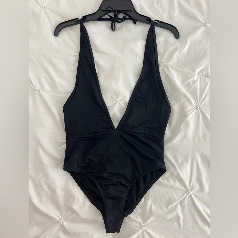 Black Plunge V-Neck One-Piece Swimsuit